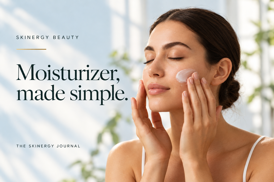 Woman applying cream to her cheek beside the words Moisturizer, made simple, on a soft blue Skinergy Journal cover.