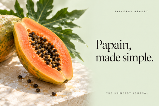 Cut papaya and green leaves beside the words Papain, made simple, on a pale green Skinergy Journal cover.