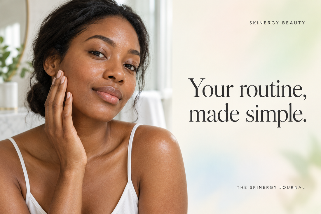 Woman gently touching her cheek beside the words Your routine, made simple, on a pastel Skinergy Journal cover.