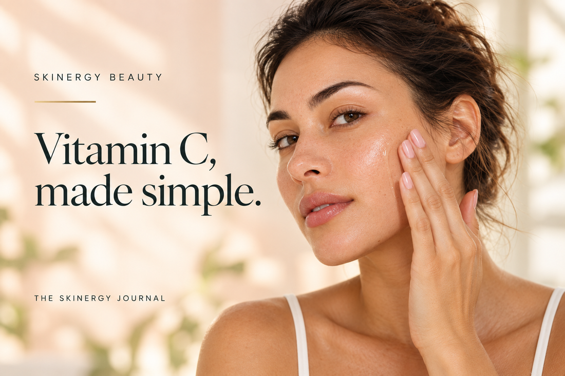 Woman gently patting serum onto her cheek beside the words Vitamin C, made simple, on a soft peach Skinergy Journal cover.