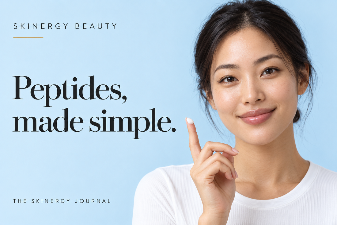 Woman smiling with a dab of cream on her raised fingertip beside Peptides, made simple, on a blue Skinergy Journal cover.