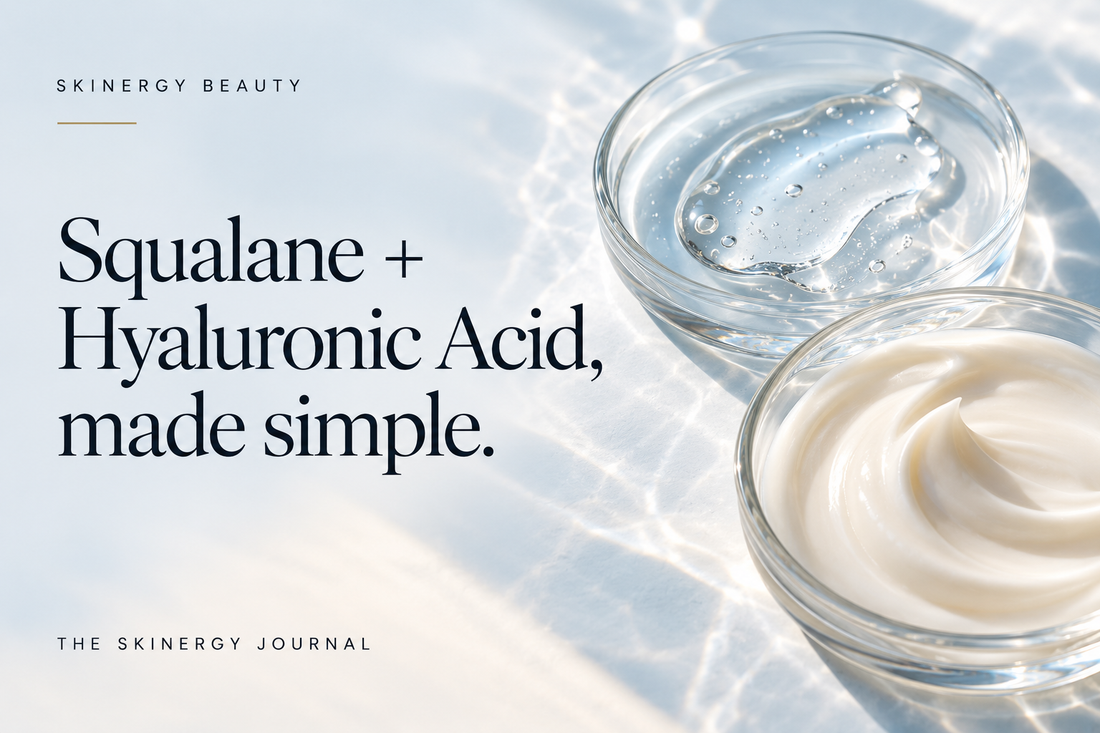 Illustrative gel and cream textures in glass dishes beside Squalane + Hyaluronic Acid, made simple, on a blue Skinergy Journal cover.