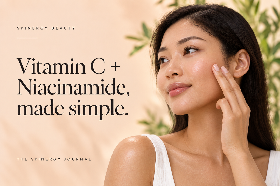 Woman gently patting serum onto her cheek beside Vitamin C + Niacinamide, made simple, on a peach Skinergy Journal cover.