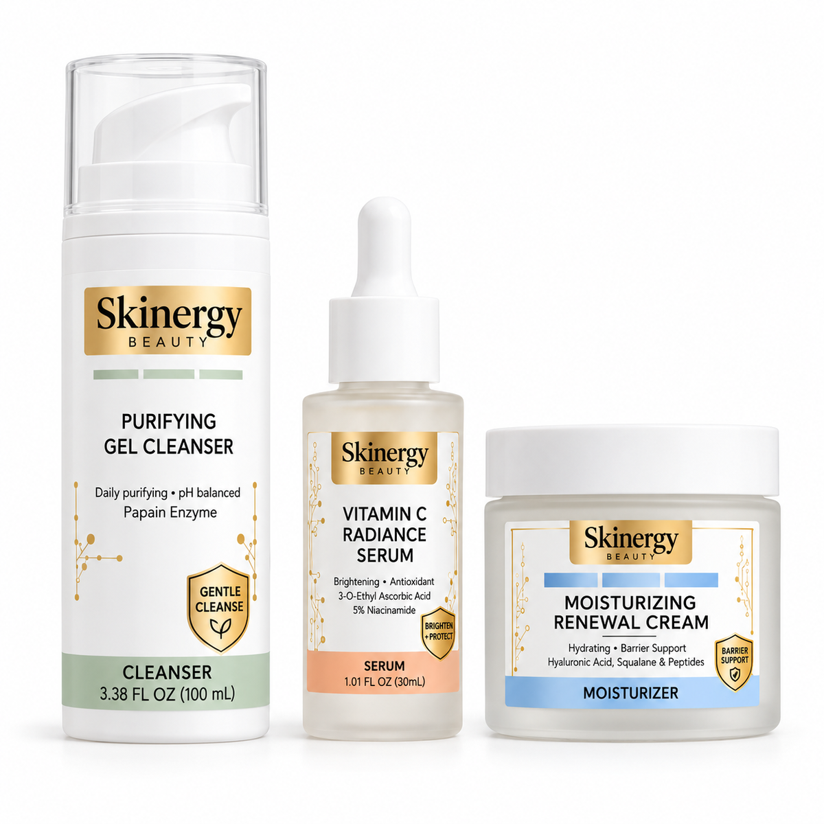 Skinergy Beauty complete three-product routine: cleanser, vitamin C serum and moisturizer on a white background