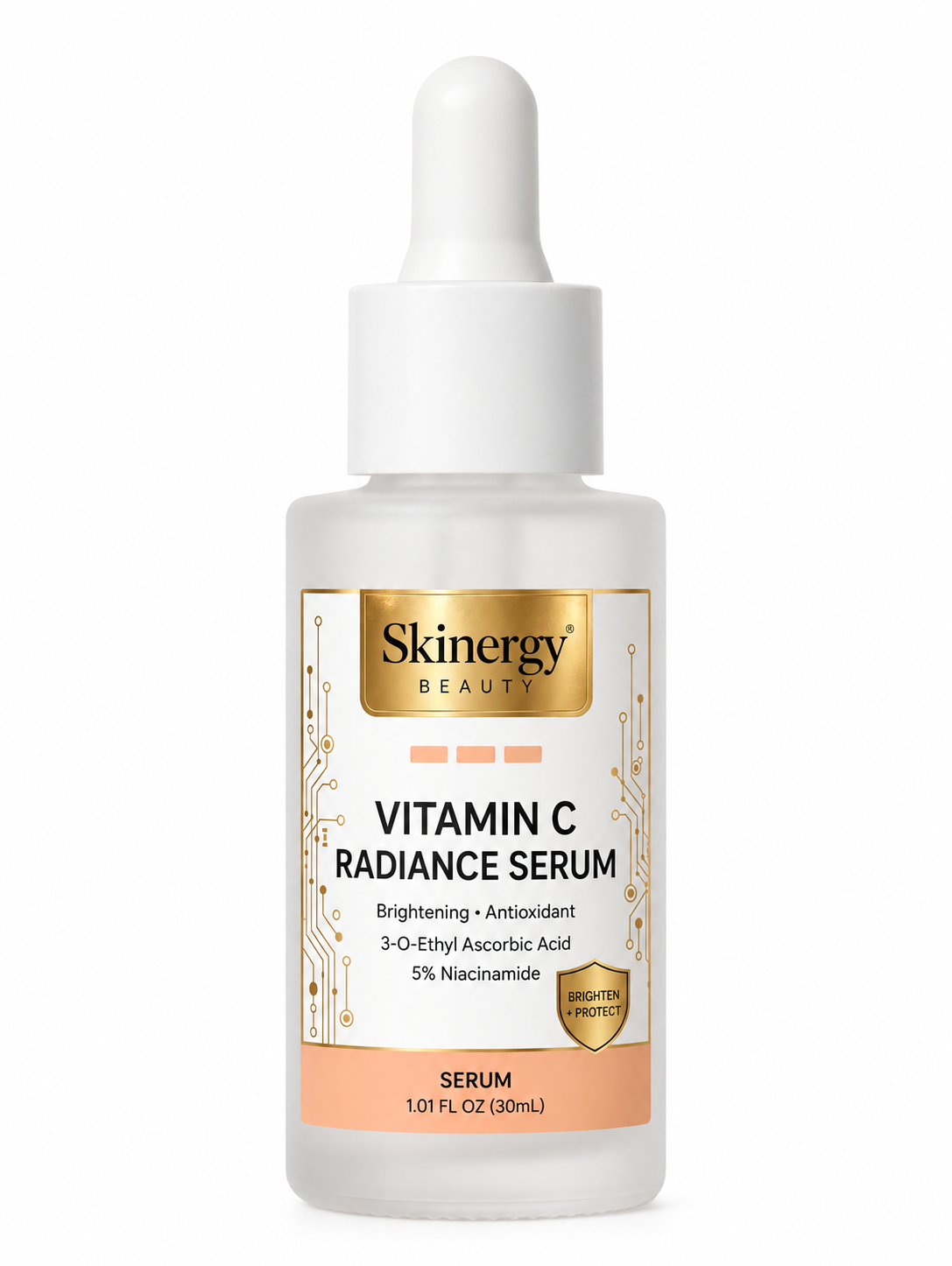 Skinergy Beauty Vitamin C Radiance Serum 30 mL mockup with white dropper and peach-and-gold label.